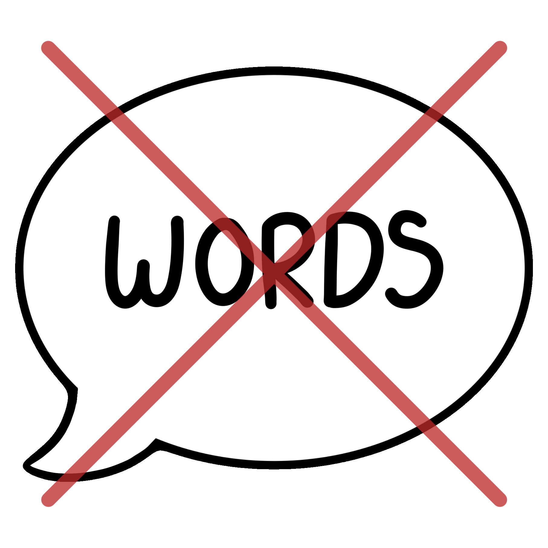 A speech bubble that says “words”. The speech bubble is crossed out with a red x.
